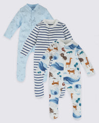 3-sets of baby footie sleepsuits in blue, blue & white stripes and dinosaur print. 