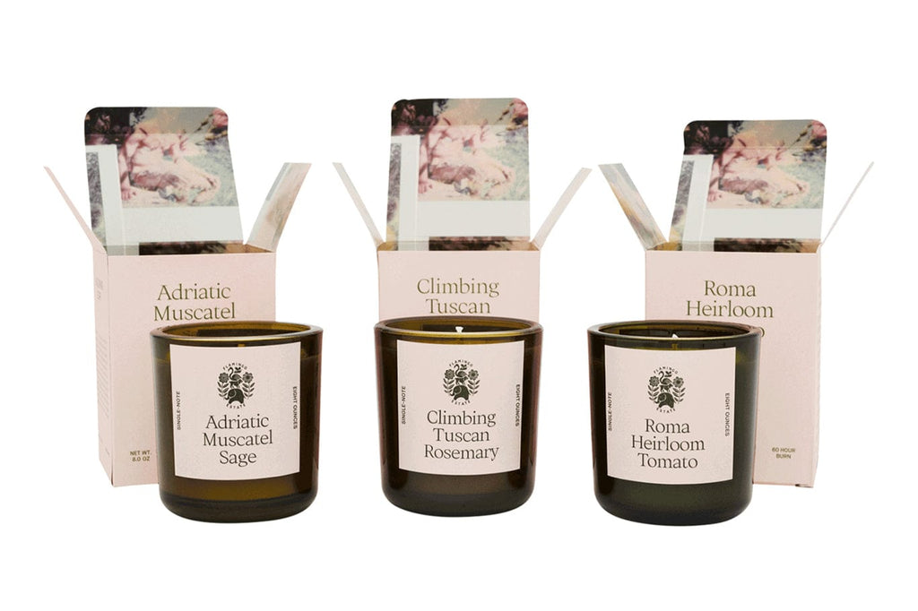 <p style="color:white;">3-set of candles, outside of box in the scent: Adriatic Muscatel Sage, Climbing Tuscan Rosemary and Roma Heirloom Tomato.</p>