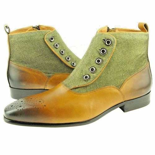 Handmade Men's Genuine Tan Shaded Leather & Green Suede Denim Button Boots