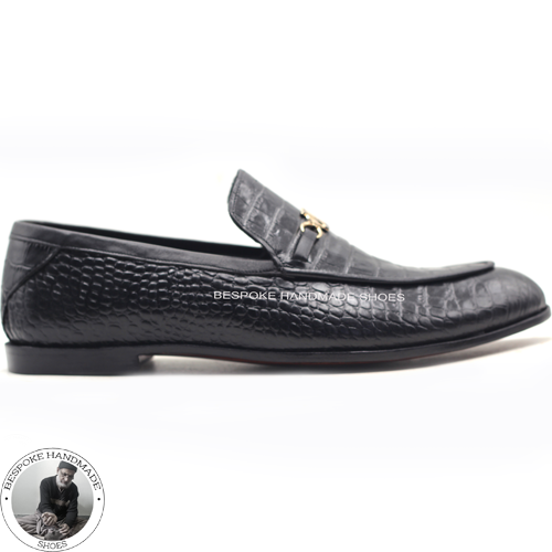 Handmade Men's Genuine Black Leather Crocodile Print Slip on Loafers Formal Dress Shoes
