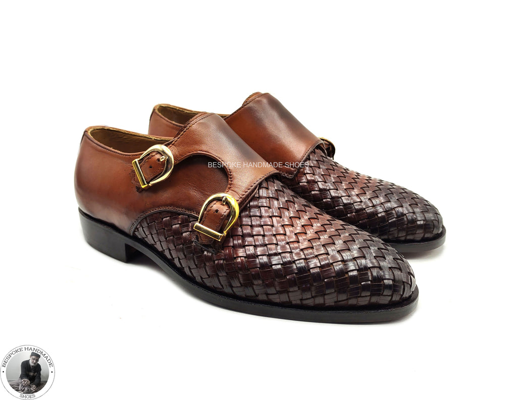 Udvidelse vinder race Handmade Men's Genuine Tan Woven Leather Double Monk Strap Shoes