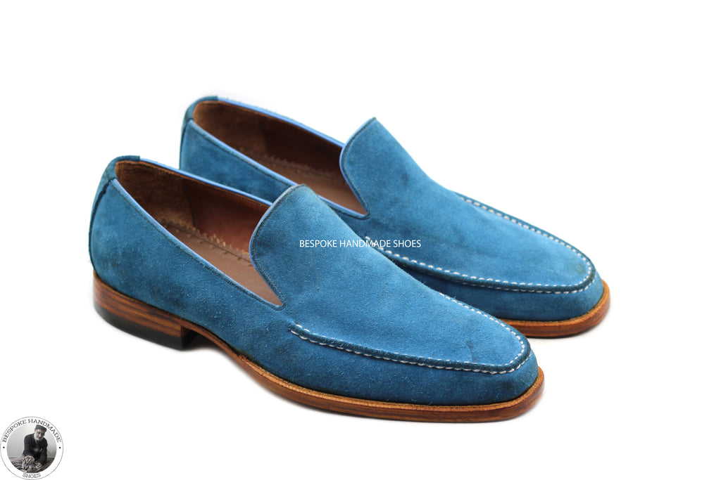 Bulk Botsing Stimulans Handmade Men's Genuine Blue Suede Slip On Loafers Moccasin Dress Shoes