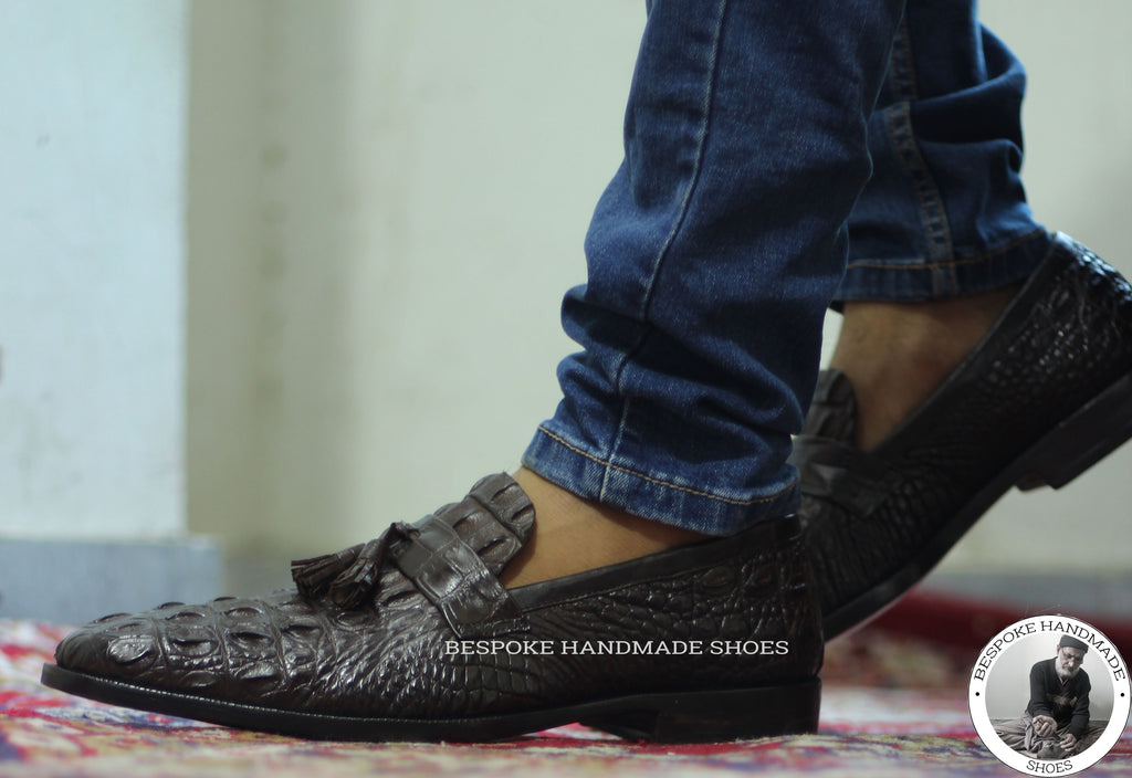 Handmade Men's Original Crocodile Skin leather Loafers & Slip On Shoes