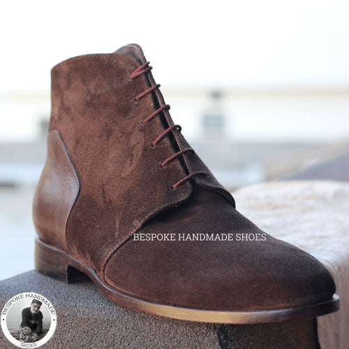 Handmade Men's Genuine Brown Suede&Leather Lace up Chukka Boots