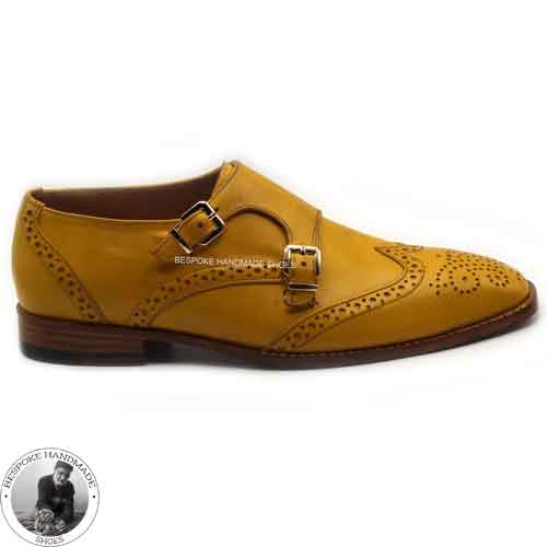 Handmade Women's Yellow Leather Wingtip Double Buckle Monk Strap Shoes