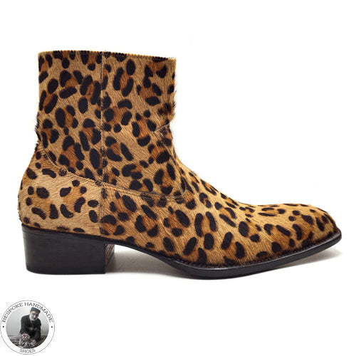 Forventer dok Ko Handmade Men's Genuine Leopard Skin Leather Zipper Ankle Boots
