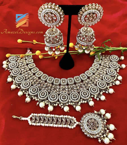Amazon.com: Touchstone NEW Indian Bollywood Charming Studded Diamond Look  Filigree Black Rhinestones Faux Pearls Bridal Designer Jewelry Hasli  Necklace Set In Antique Gold Tone For Women.: Clothing, Shoes & Jewelry