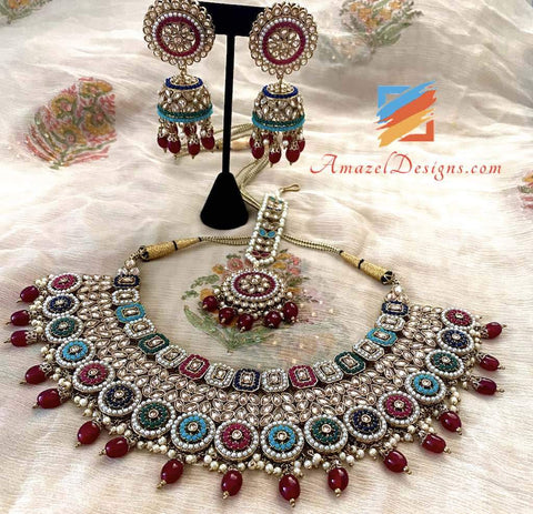 MULTICOLORED POLKI WITH RUBY PEARLS NECKLACE JHUMKI TIKKA SET