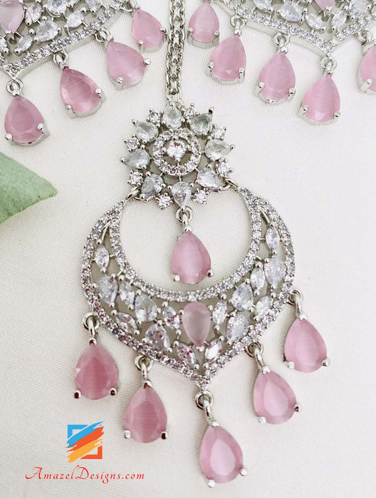 American Diamond (AD) Silver Pink Earrings Tikka Set