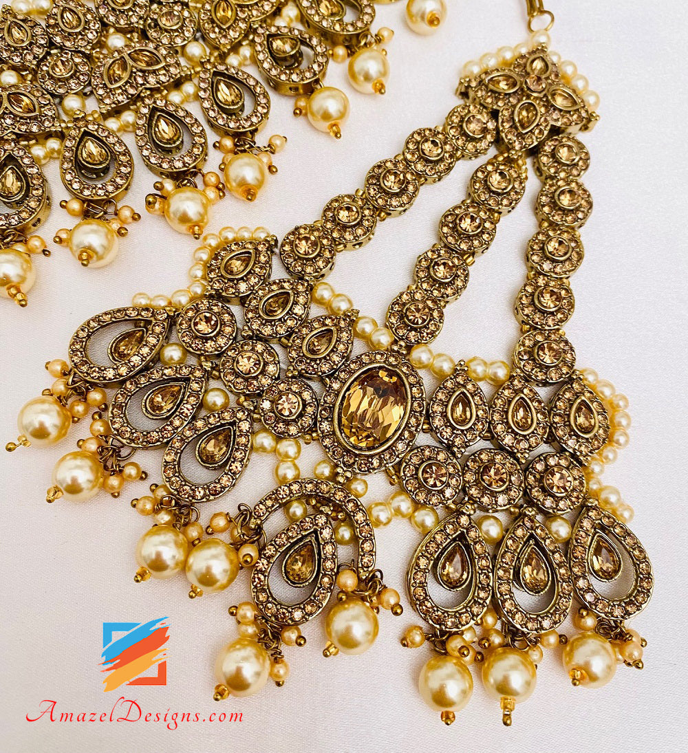 Antique Gold Necklace Earrings Tikka and Passa Set – Amazel Designs