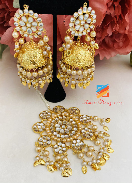 Amaira Pacchi Kundan Pearl Maang Tikka and Earrings Combo Set, Indian –  AryaFashions
