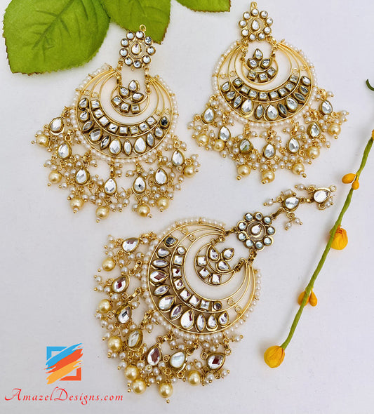 Jewels Gold Plated with Stunning Matte Finish Traditional Big Kundan  Earrings with Maang Tikka Set for Women/Girls - Jeeni Wear