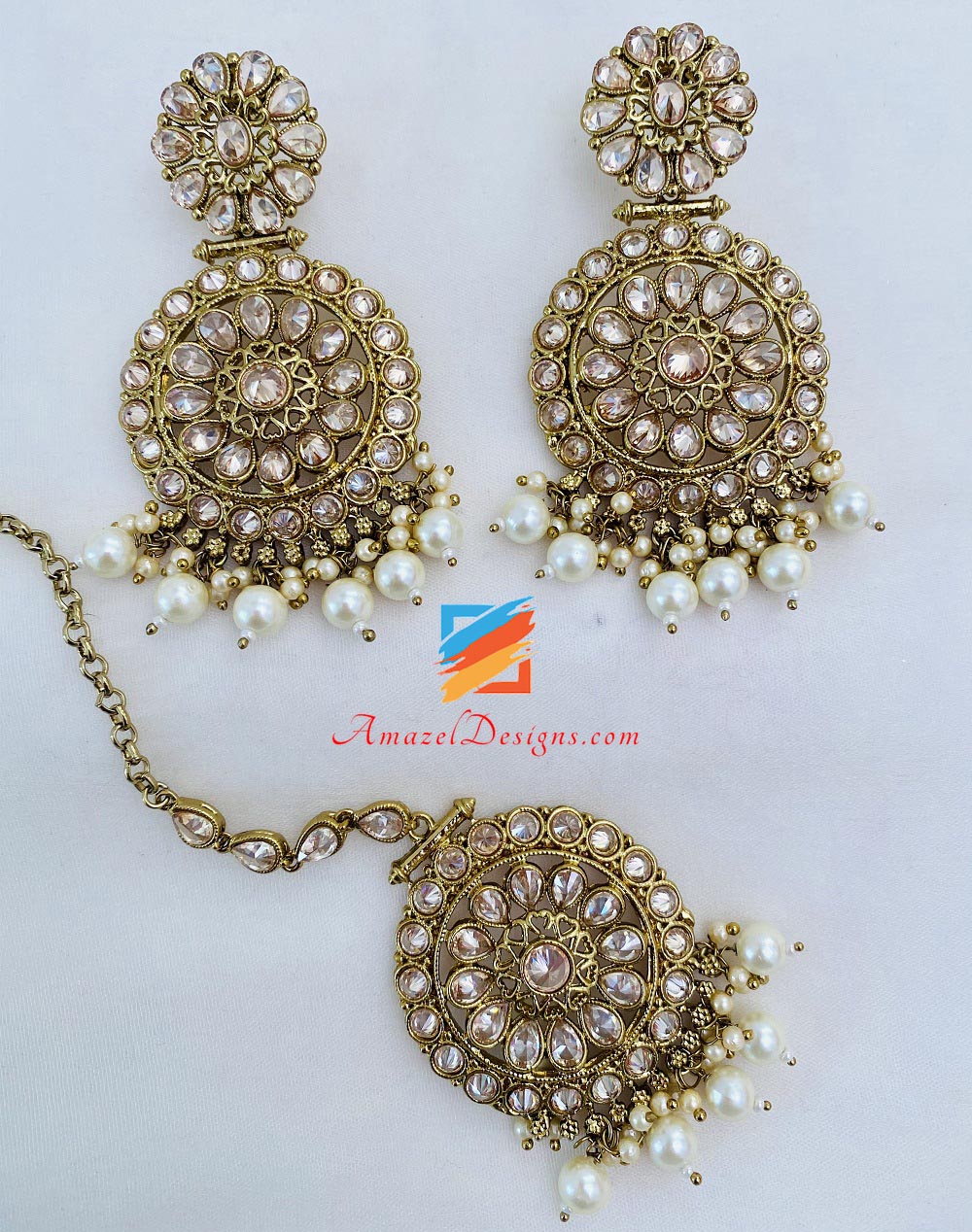 Polki Champagne Haar Necklace Earrings Tikka Set – Amazel Designs