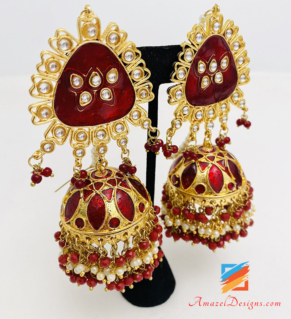 Ruby Maroon Kundan Maroon Jhumka Earrings Tikka Set – Amazel Designs