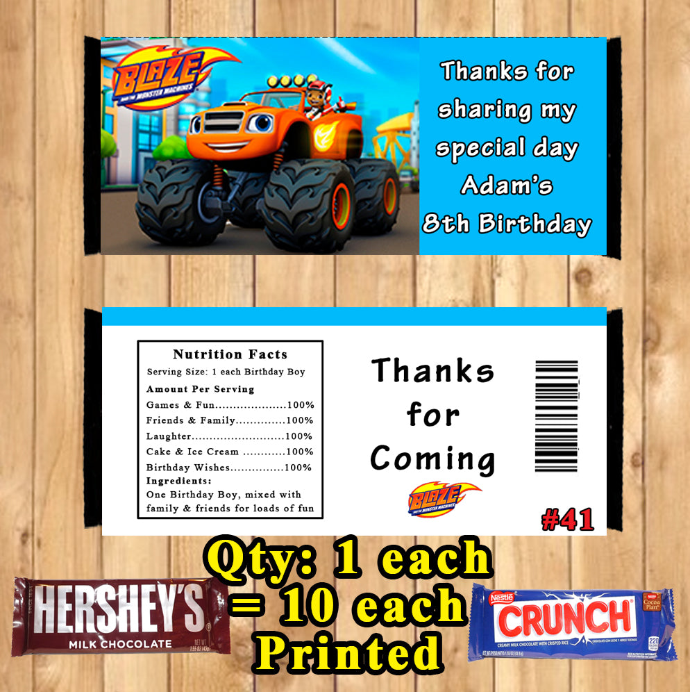 Blaze Monster Machine Truck Printed Birthday Candy Bar Wrappers 10 ea ...