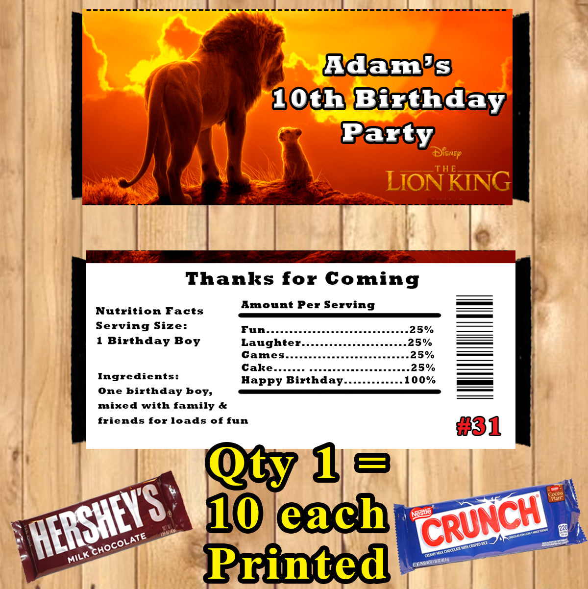 Lion King Printed Birthday Candy Bar Wrappers 10 ea Personalized Custo –  Virginia Design Shop