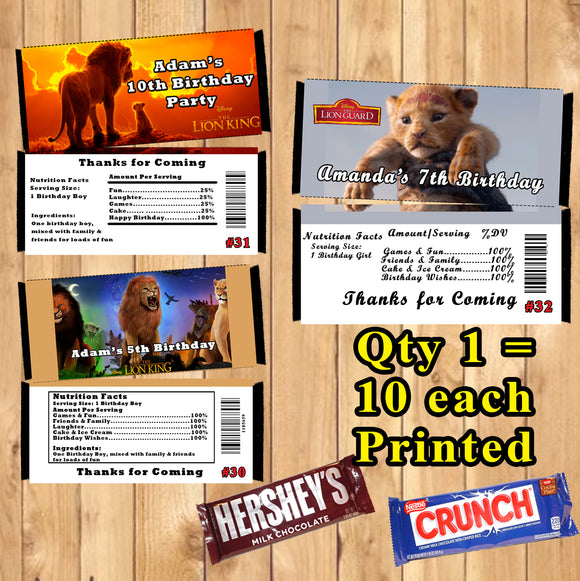 Lion King Printed Birthday Candy Bar Wrappers 10 ea Personalized Custo –  Virginia Design Shop