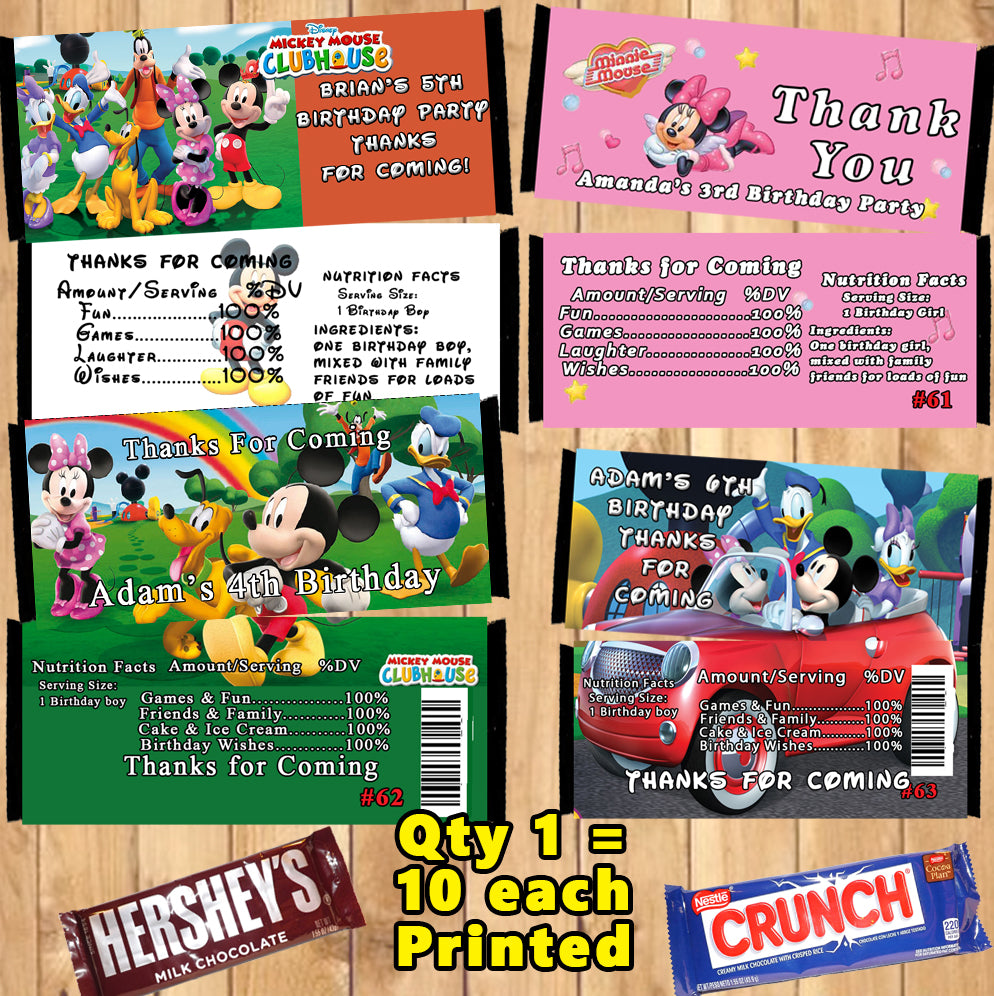 Mickey & Minnie Mouse Printed Birthday Candy Bar Wrappers 10 ea Person –  Virginia Design Shop