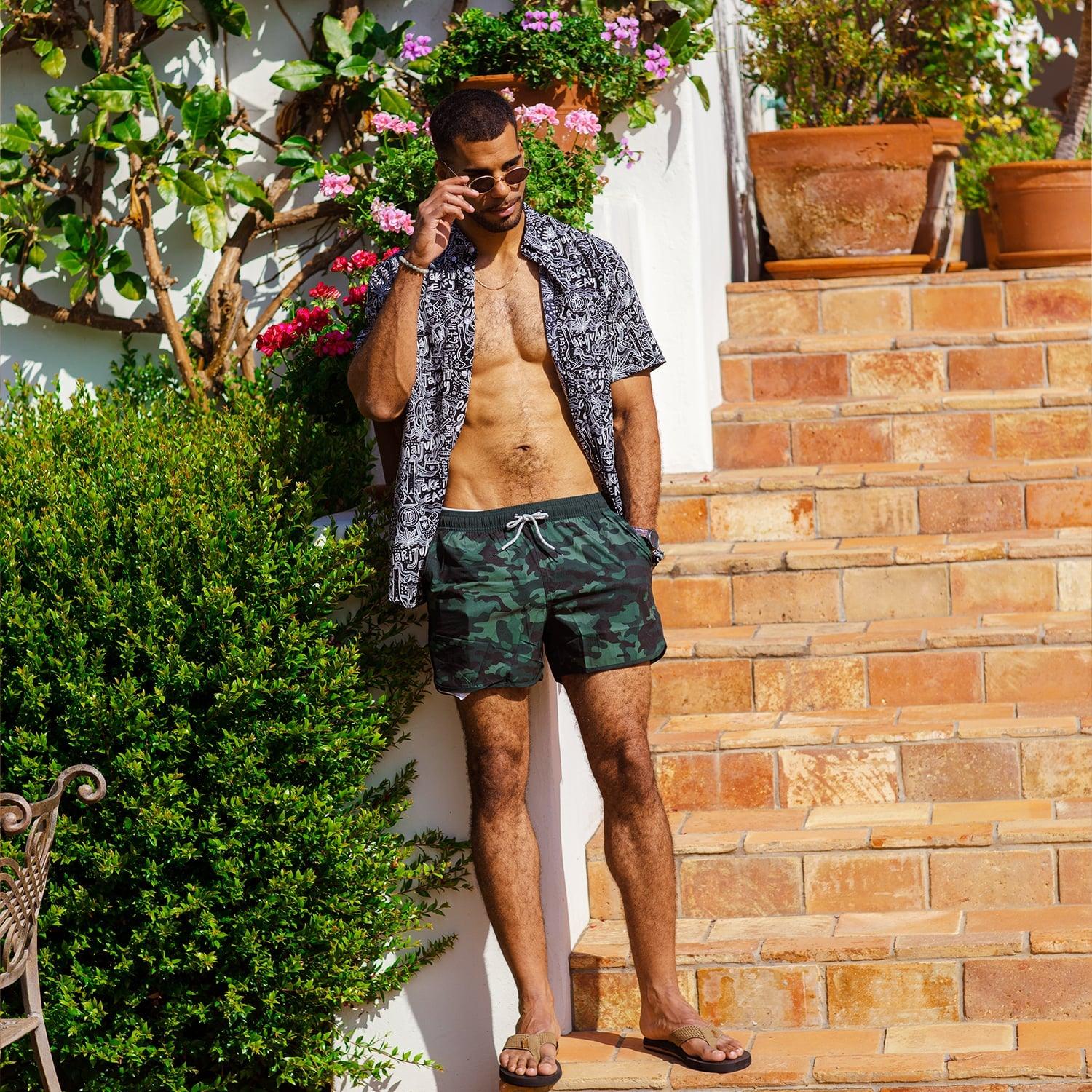 4.5 Inch Inseam Vintage Stretch Camouflage Swim Trunks