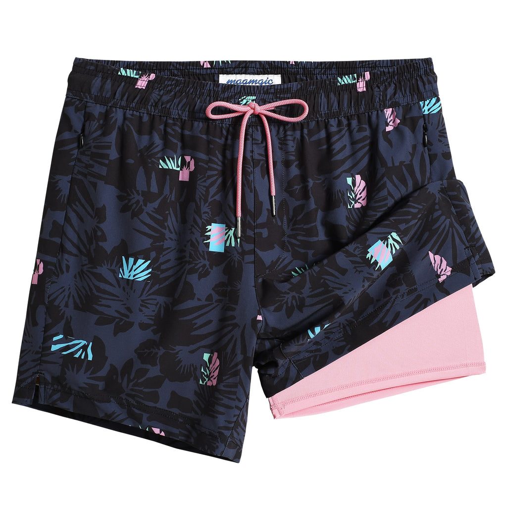 5.5 Inseam 2 in 1 Stretch Short Liner Navy Flamingo Swim Shorts – maamgic