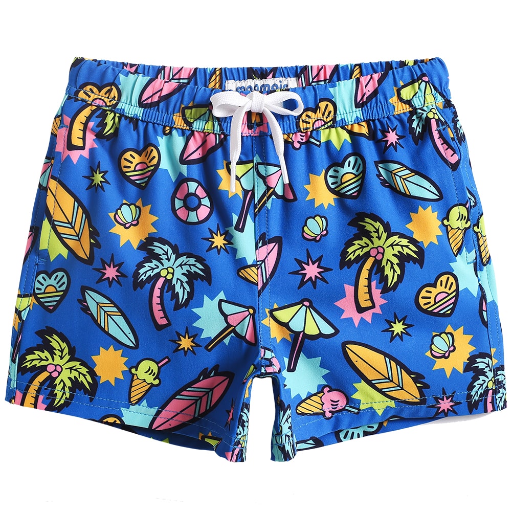 Boys Blue Surfboard Stretch Swim Trunks