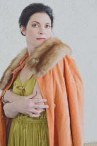 Vintage suede and fur coat with green vintage dress and vintage jewelry by Stacey Fay Designs