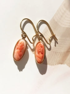 Vintage 14k gold coral cameo earrings