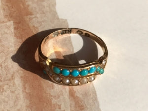 antique 15k gold pearl and turquoise 1870 ring.