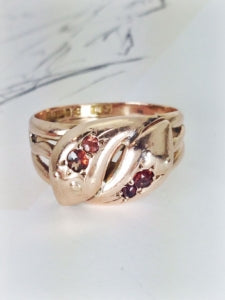 Antique garnet double snake rose gold ring