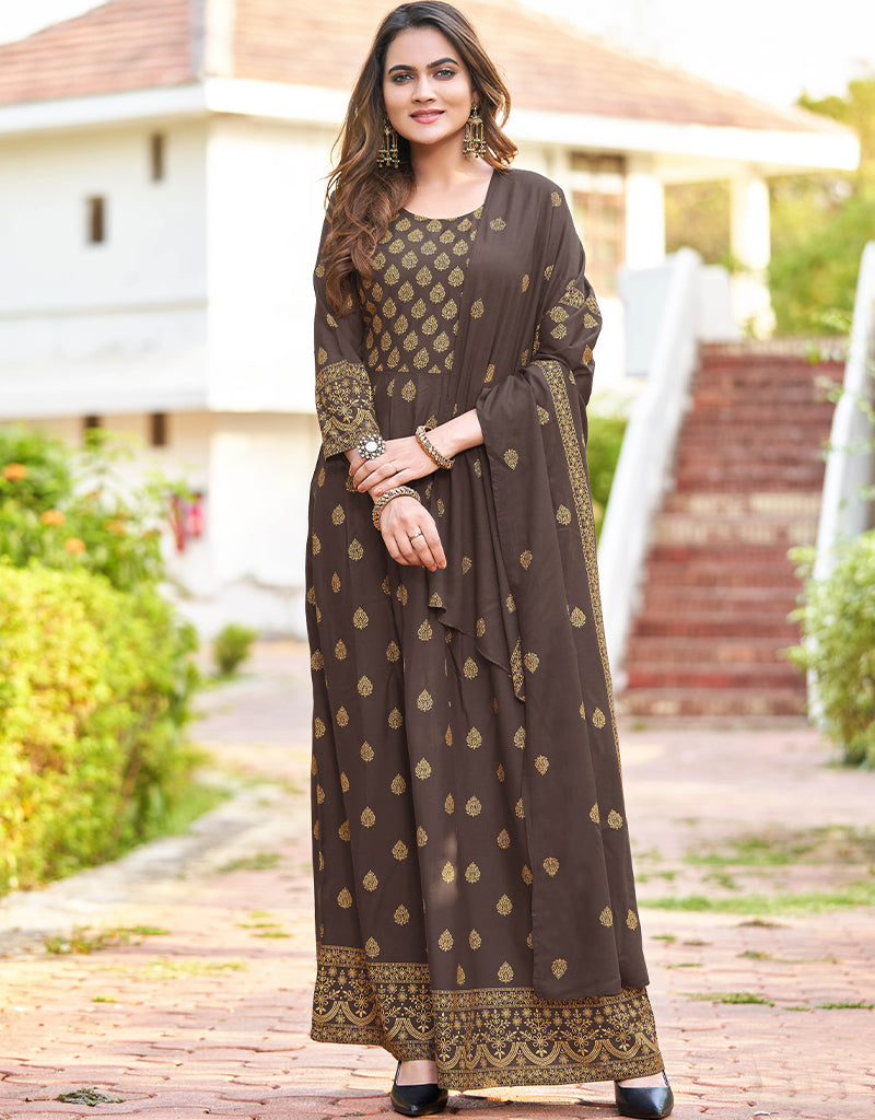 Brown Heavy 14 Kg Rayon Anarkali Suit Brown Gold Foil Print