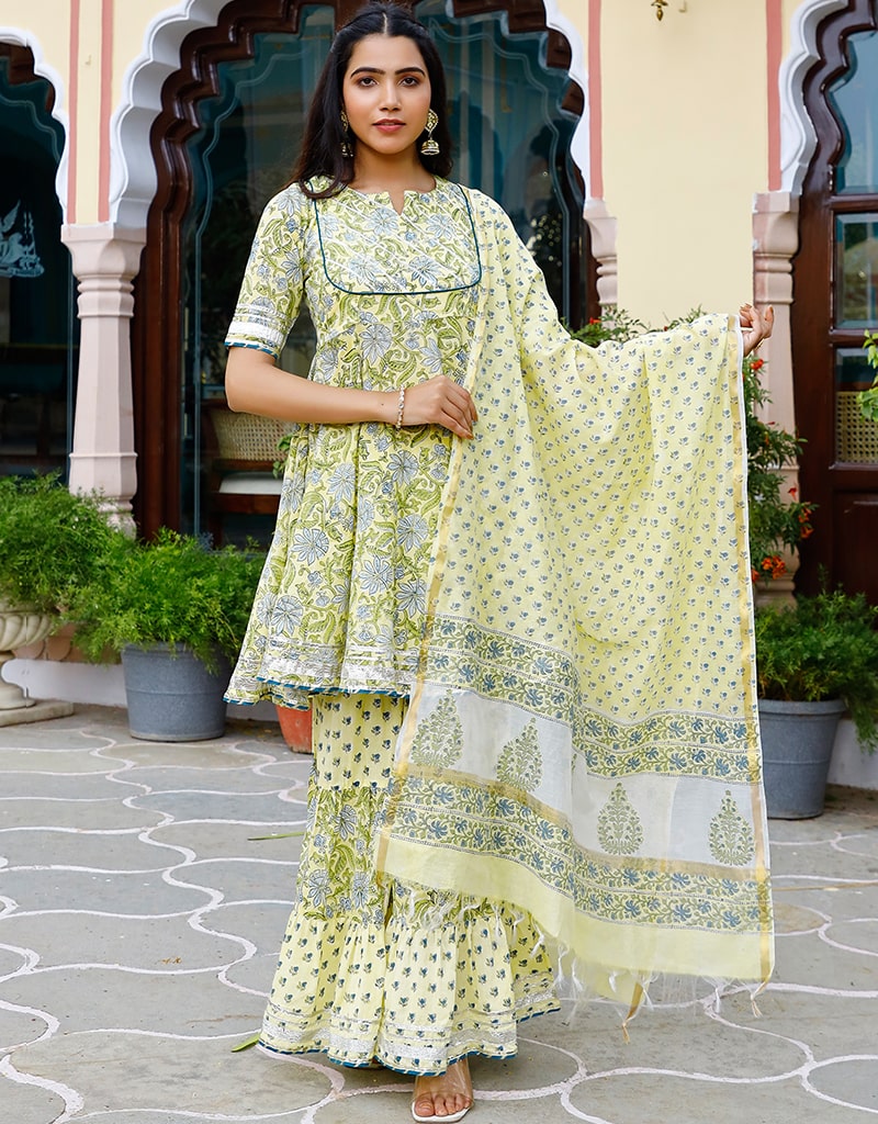 Light Pista Cotton Suit Sharara Teal Floral Print & Gota Detailing work