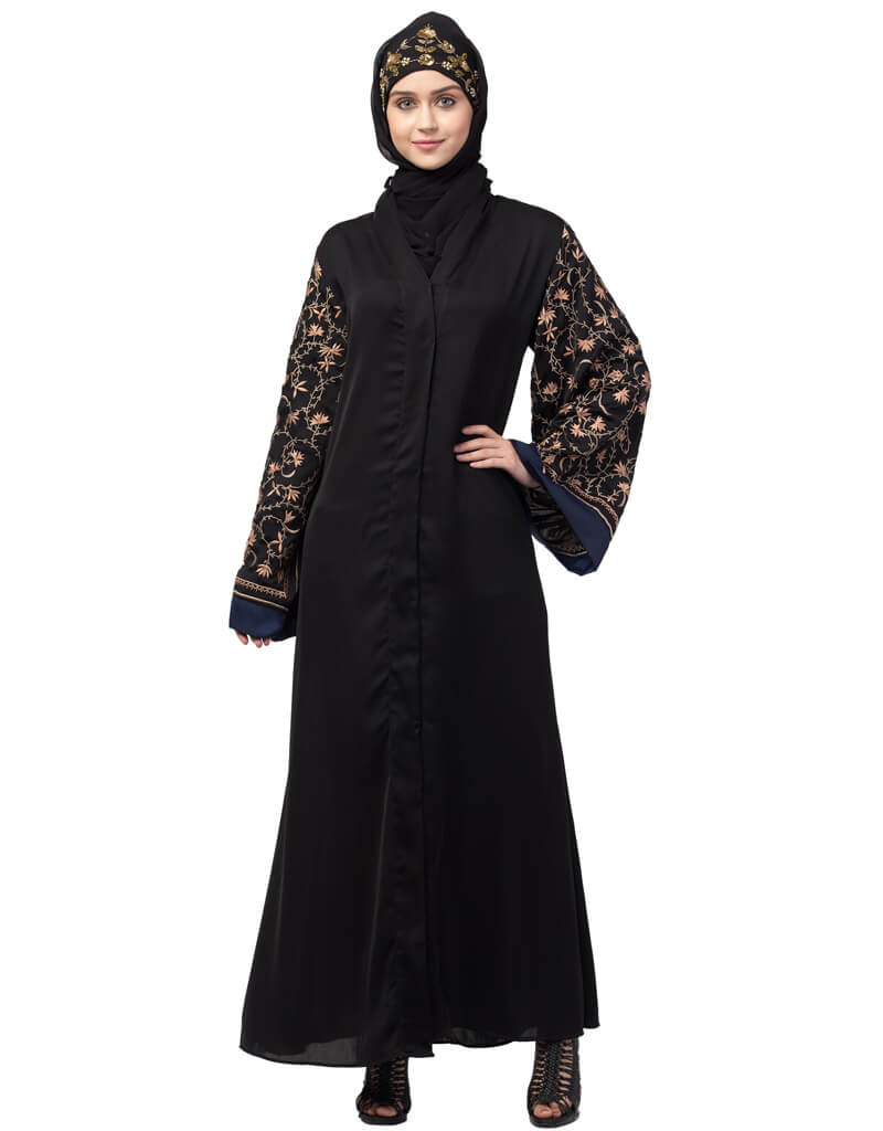 Women Both sleeve resham embroidered front open Dubai Abaya Black ...