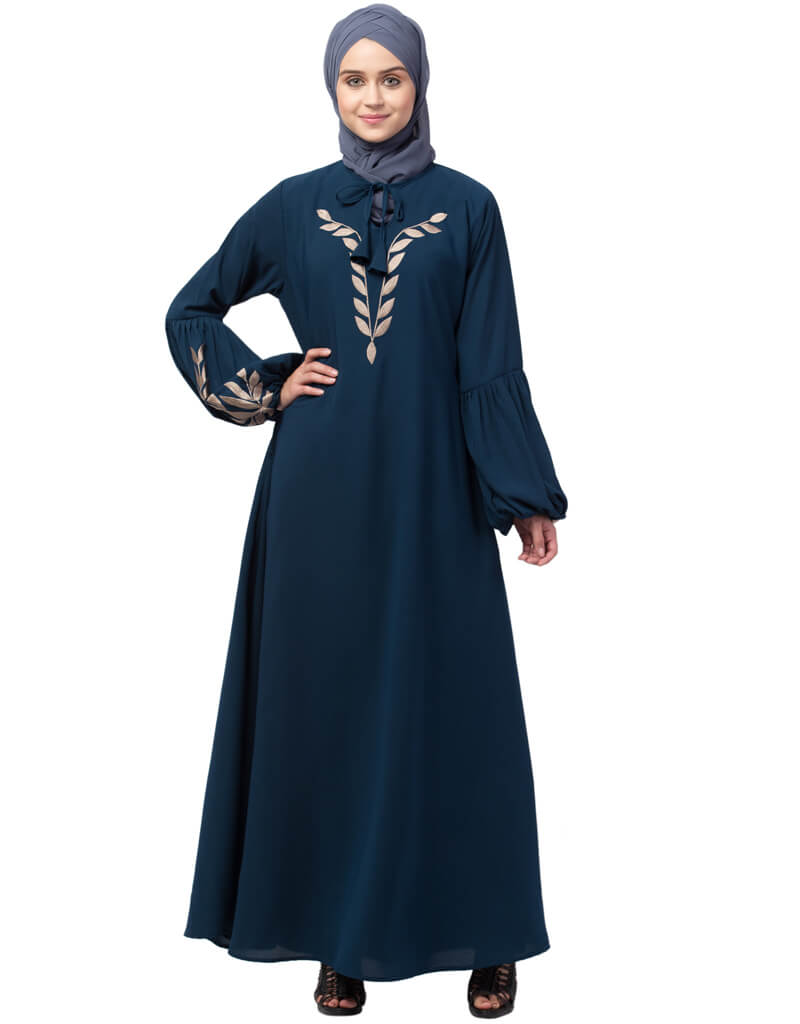 Modest Front and Sleeve Resham Embroidery Balloon Sleeve Abaya Teal ...
