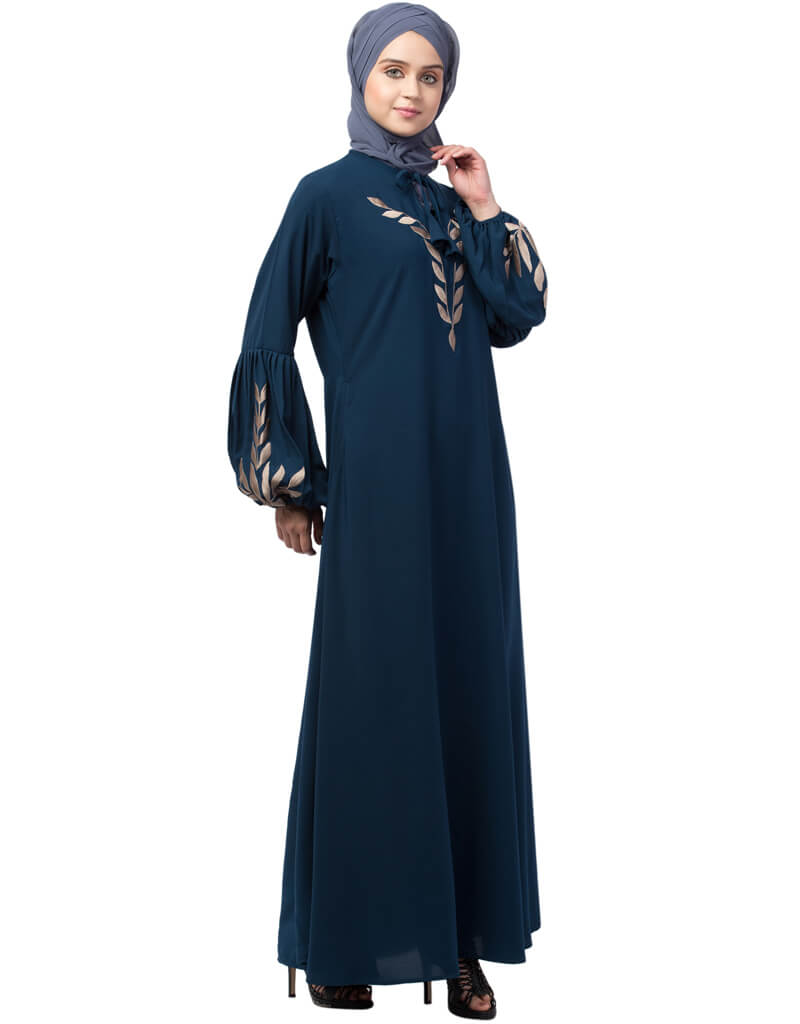 Modest Front and Sleeve Resham Embroidery Balloon Sleeve Abaya Teal ...