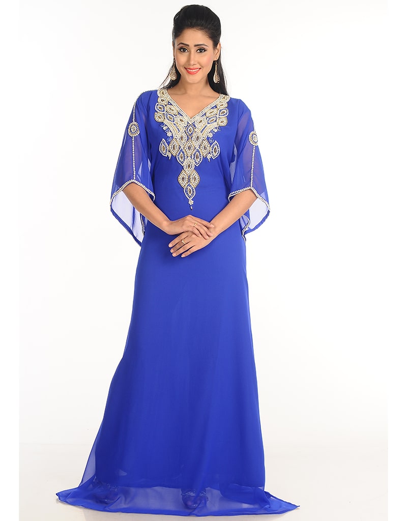 Muslim Royal Blue Georgette Hand Zari Embroidery Farasha Dubai, Silver ...