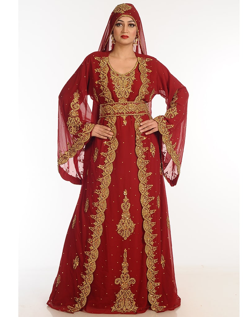 Arabic Maroon Georgette Hand Zari Embroidery Kaftan Takchita, Copper ...