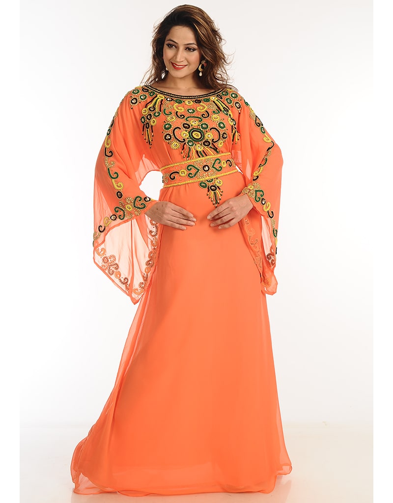 Women Orange Georgette Hand Zari Embroidery Galabiya Dubai, Multi ...