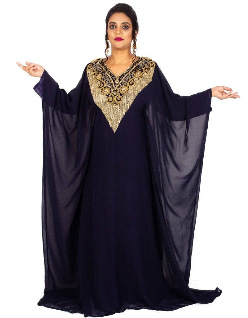 Trendy V neck Jacket Style embroidered kaftan Navy Blue Embroidered ...