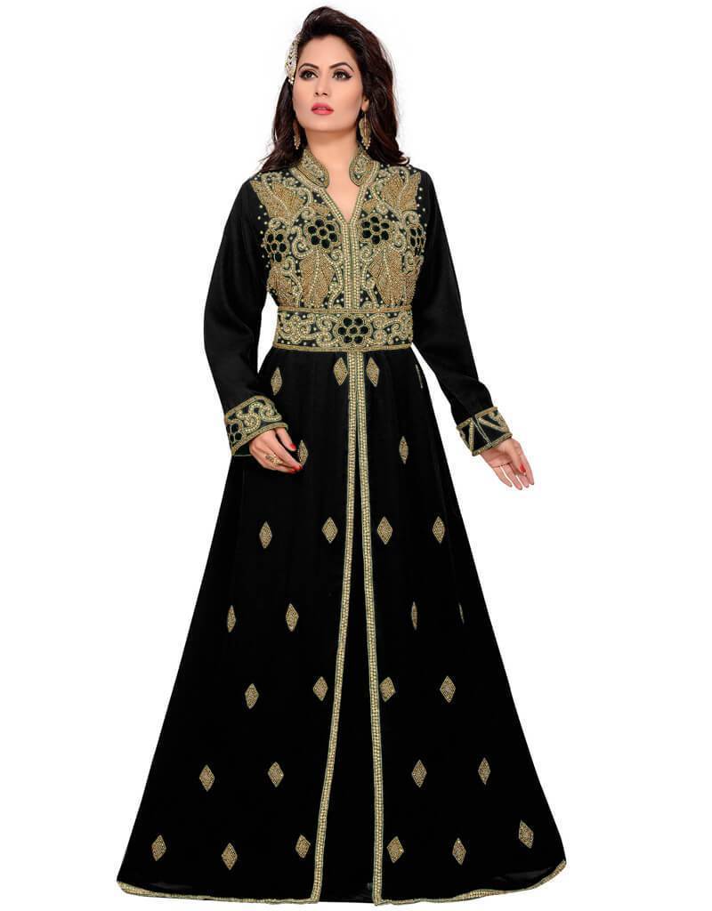 V-neck Caftan stand collar style Georgette Fabric, Golden Embroidered ...