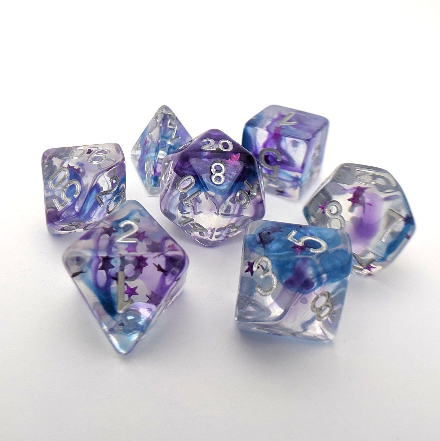 Shadow Moon Dice Set, Translucent Resin Dice with Pearly Violet and Indigo ink and Magenta Stars - CozyGamer