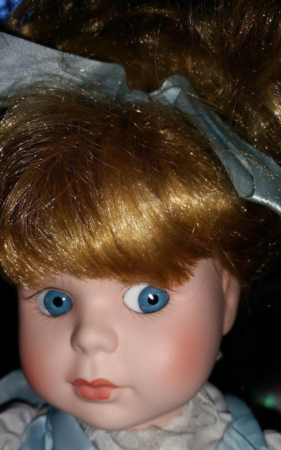 Porcelain Doll Girl Blonde Hair Big Blue Eyes Blue Dress 16 With