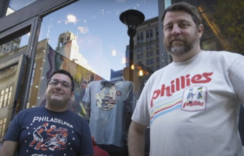 Brian and Johnny out front of their store, Shibe Vintage Sports