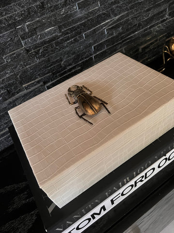 Caja de piel sintética color blanco, con un escarabajo de latón en varios libros