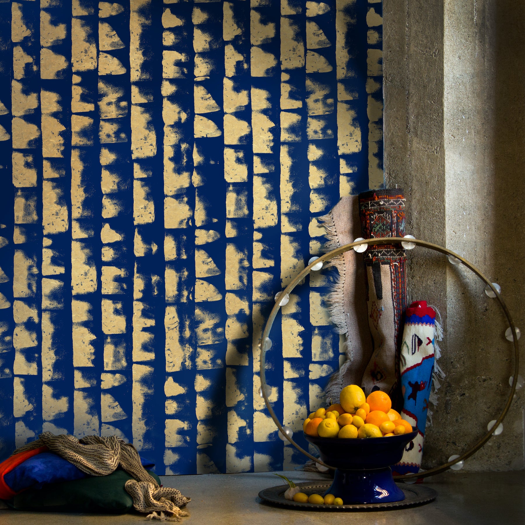Shibori Banding Wallpaper by Manuka Textiles, Metallic Gold on Azurite Blue