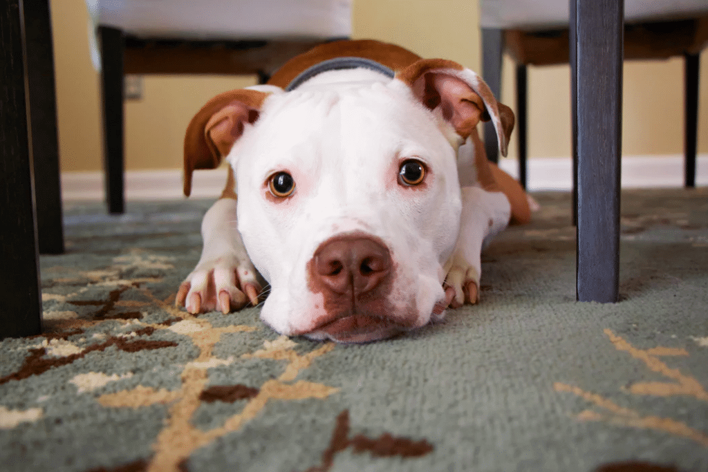 Pit bull laying under dining room table