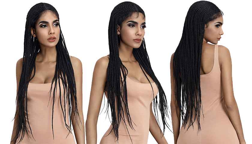 13*7 Synthetic Lace Frontal Wig | 33 Inch Long Box Braided Wig | Black Color