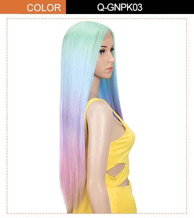 lace front long straight wig green rainbow color