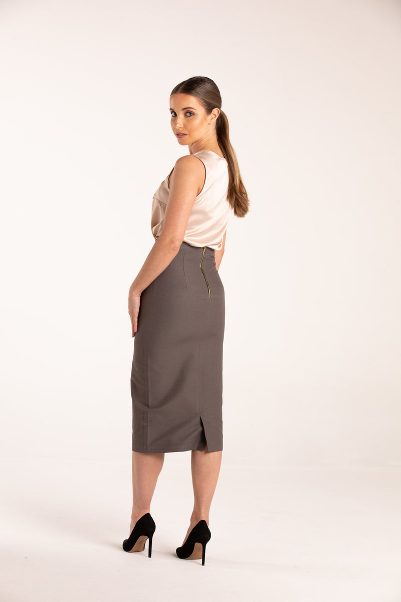 grey pencil skirt midi