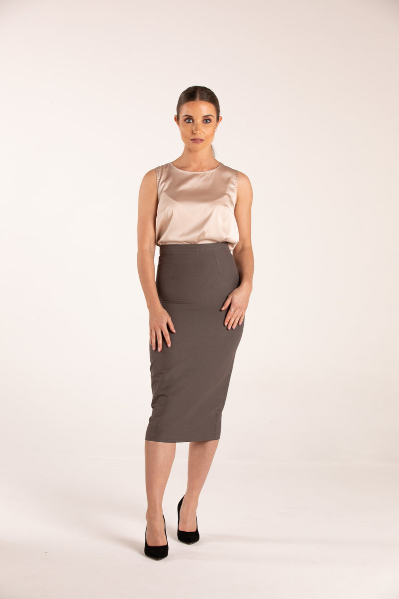 grey pencil skirt midi