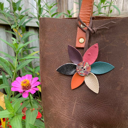 Leather Flower Bag Charm with Tote Loop in Lavender Purple
